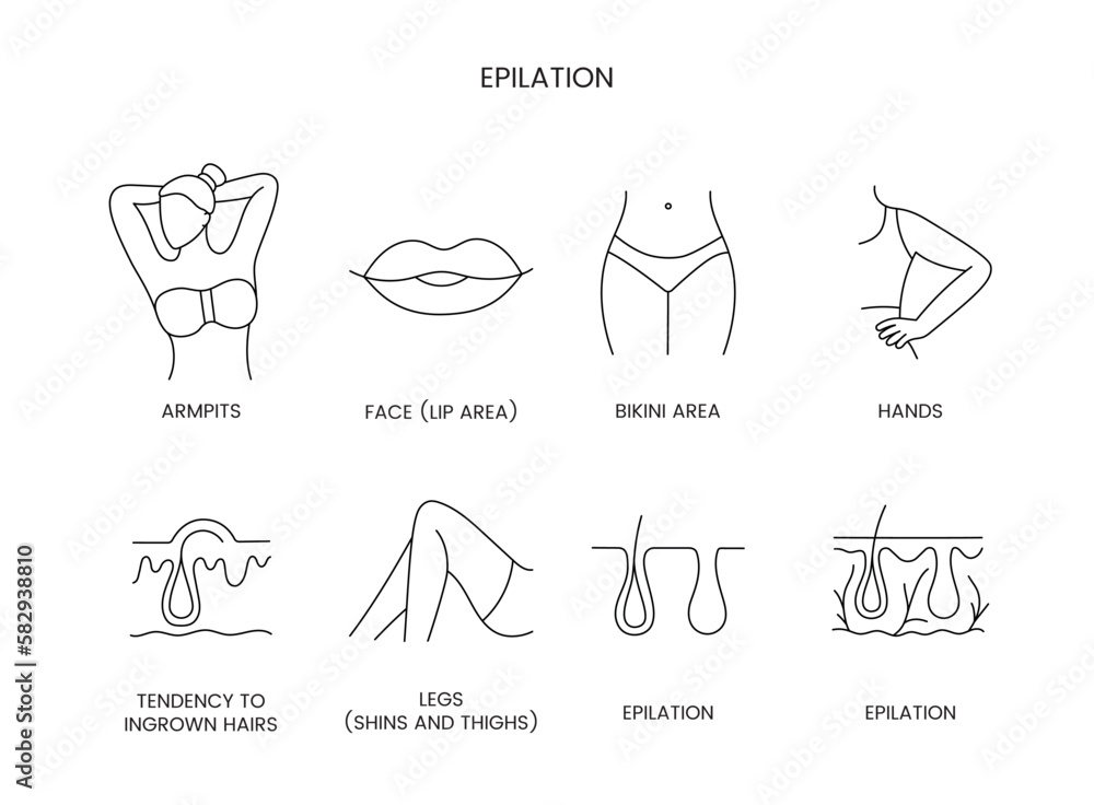 Epilation zones set of line icons in vector, editable stroke