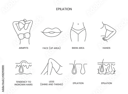 Epilation zones set of line icons in vector, editable stroke. Illustration legs shins and thighs, hands and bikini area, face lip area and armpits, tendency to ingrown hairs