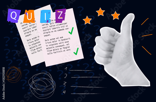 Quiz, halftone collage. Female hand shows thumbs up. Quiz, exam or test with correct answers and a green tick in the task. Vector banner, poster in halftone dotted style. Crazy cool education art.