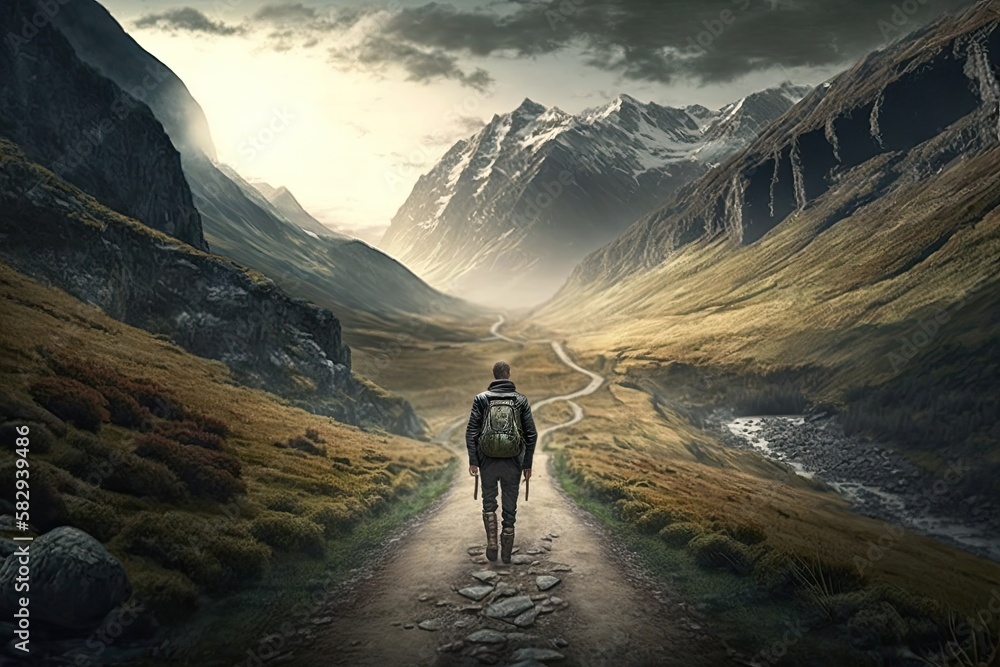 Obraz premium Hiker making their way up the mountain, walking on the road. View from behind. Generative AI