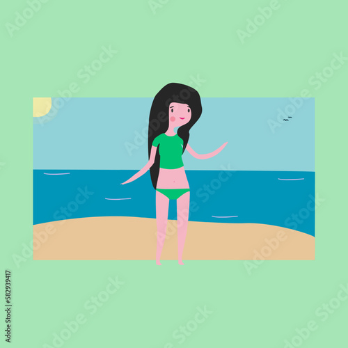 Beach Cute Girl Cartoon Illustration Design