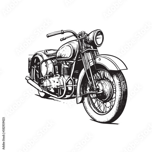 Retro motorcycle, black and white detailed vector illustration isolated without backdrop, flat style. Icon of a stylish vintage motorbike with details for decoration and design without a background 