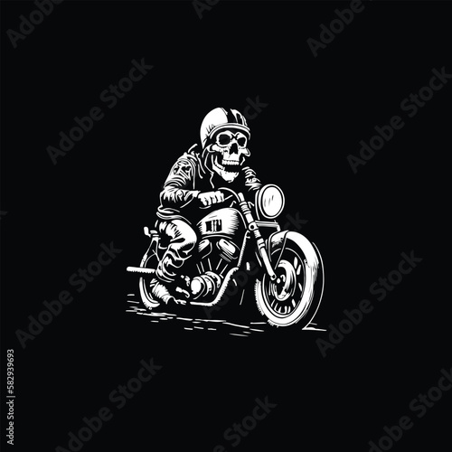 Fotografie, Obraz Skeleton racer riding brat style motorcycle in vintage monochrome style isolated