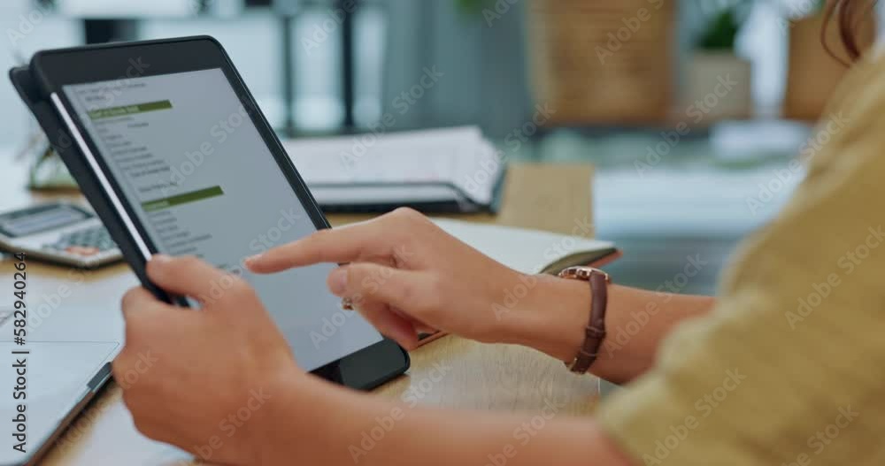Hands, tablet and screen for woman in office with planning, schedule or company goals on mobile app. Startup, receptionist or secretary with touchscreen ux for analysis, research or communication Hands, tablet and screen for woman in office with planning, schedule or company goals on mobile app. Startup, receptionist or secretary with touchscreen ux for analysis, research or communication