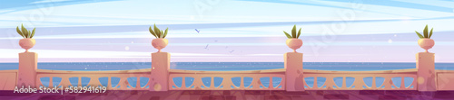 Hotel terrace empty view with sea and cloud in sky. Summer early morning vector background of indian palace balcony ocean landscape. Balustrade on ancient patio with green plant. Baroque lounge design