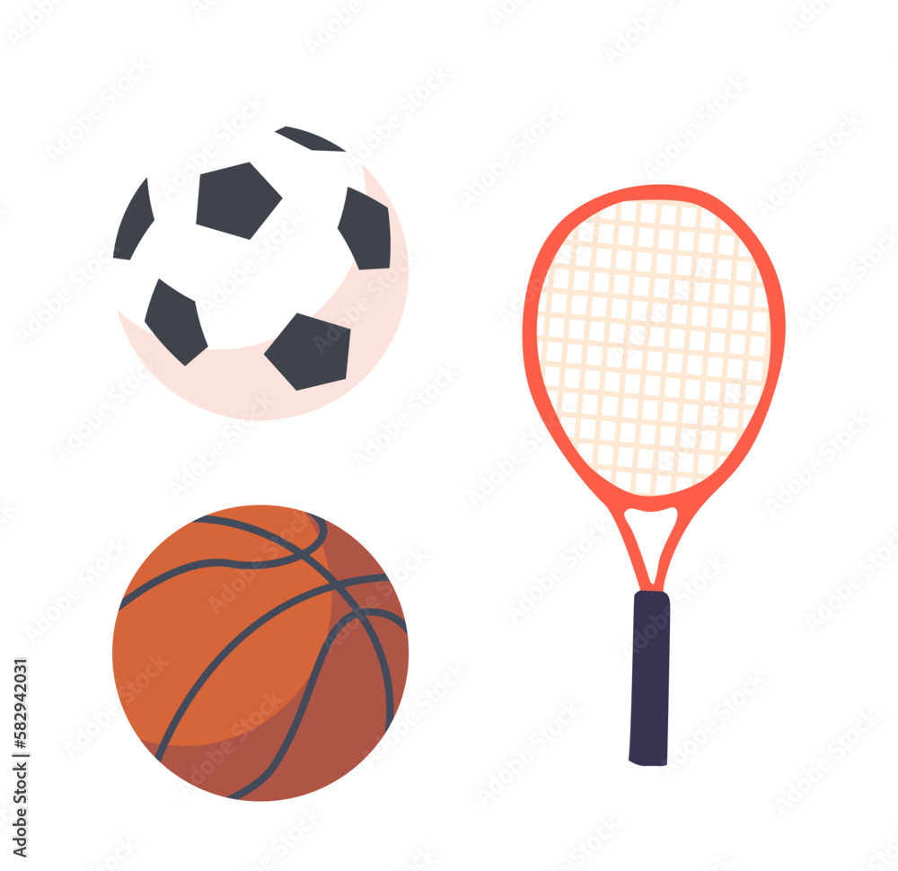 Soccer Or Basketball Balls And Tennis Racket Isolated On White Background. Sports Equipment And Items
