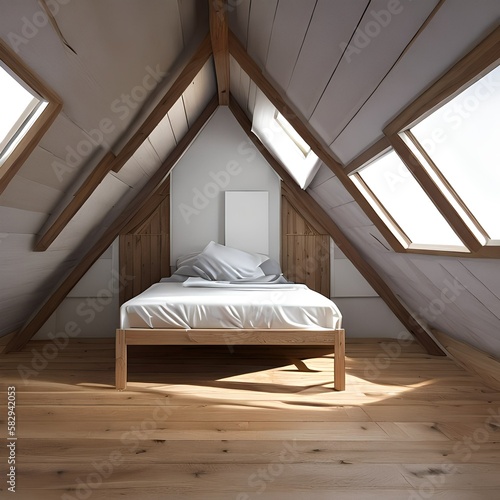 a single bed in an attic bedroom with a pitched roof3, Generative AI