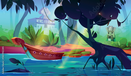 River in tropical forest with boat and ancient temple vector background. Shore near jungle water in amazon rainforest cartoon landscape. Wild environment with liana on green tree, mayan stone statue.