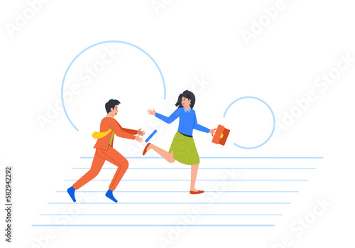 Business Characters Running In Relay Race Passing Baton To One Another To Reach Finish Line. Teamwork Cooperation