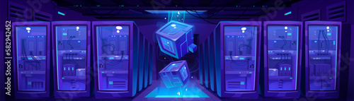 Data center, server room or database cloud storage blue vector background. Technology network in datacenter. Rack with computer equipment in tech warehouse. Cyber security and bigdata service.