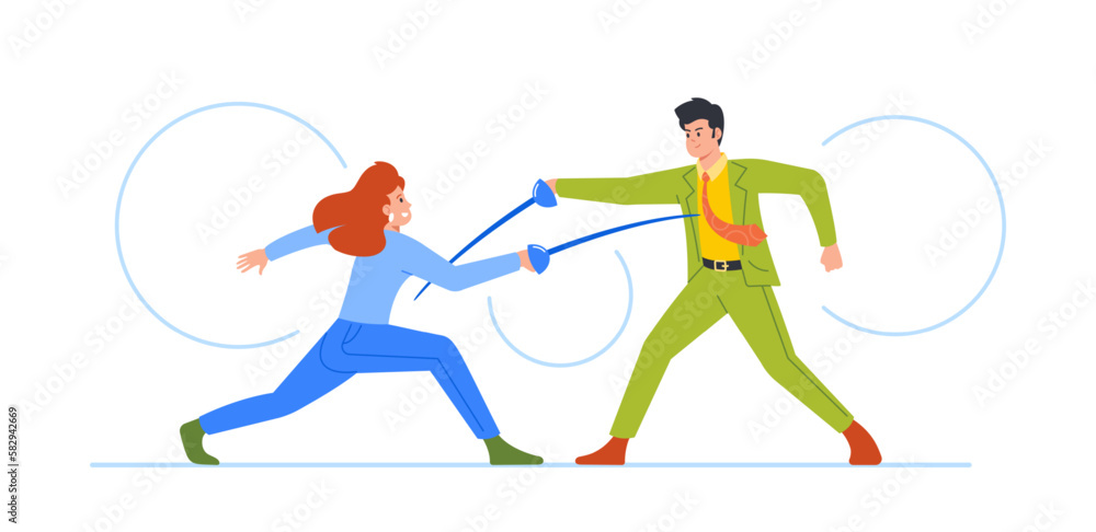 Two Business Persons Male and Female Characters Fence With Rapiers Showing their Competitive Spirit, Equal Rights