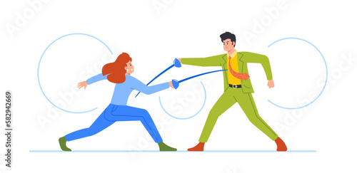 Two Business Persons Male and Female Characters Fence With Rapiers Showing their Competitive Spirit, Equal Rights