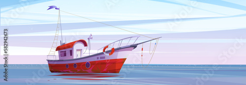 Fish trawler boat in sea vector marine background. Commercial fishery ship with lifebuoy in ocean water cartoon vector illustration. Adventure game for catching fish, early morning with pastel sky