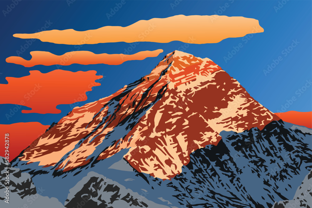 Evening mountain top of mount Everest vector illustration logo, Nepal Himalaya mountains, Mt Everest seen from Gokyo Ri peak