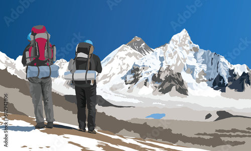 mount Everest and Nuptse from Nepal side as seen from Kala Patthar peak and two tourists with big backpacks, vector illustration, Nepal Himalaya mountain