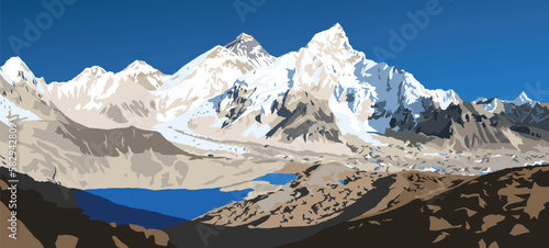 mount Everest and Nuptse from Nepal side as seen from Kala Patthar peak, vector illustration, Mt Everest 8,848 m, Khumbu valley, Sagarmatha national park, Nepal Himalaya mountain