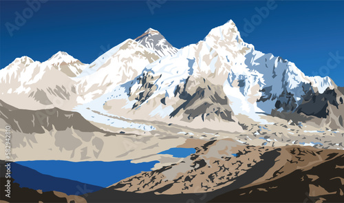 mount Everest and Nuptse from Nepal side as seen from Kala Patthar peak, vector illustration, Mt Everest 8,848 m, Khumbu valley, Sagarmatha national park, Nepal Himalaya mountain