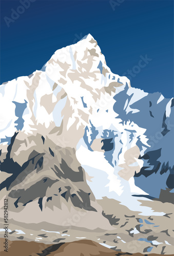 Mount Nuptse mountain vector illustration, Nepal Himalayas mountains, View from Mt Kala Patthar