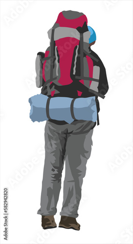 hiker with a big backpack on his back isolated on white background, vector illustration logo