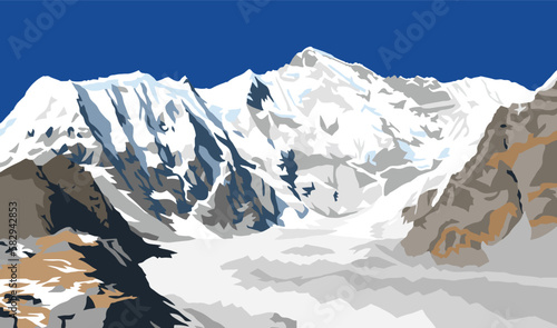 Mount Cho Oyu, vector illustration, Gokyo valley, Khumbu valley, Everest area, Nepal himalayas mountains