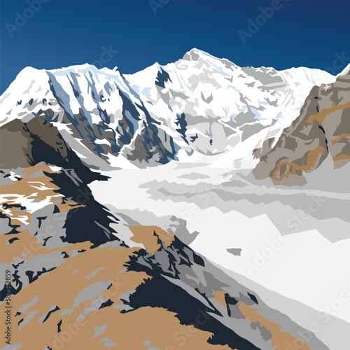 Mount Cho Oyu, vector illustration, Gokyo valley, Khumbu valley, Everest area, Nepal himalayas mountains