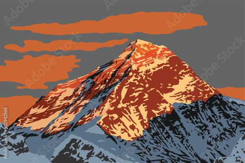 Evening mountain top of mount Everest vector illustration logo, Nepal Himalaya mountains, Mt Everest seen from Gokyo Ri peak