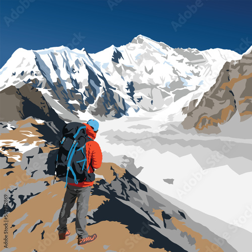 Mount Cho Oyu and hiker in a red jacket with a big backpack, vector illustration, Gokyo valley, Khumbu valley, Everest area, Nepal himalayas mountains