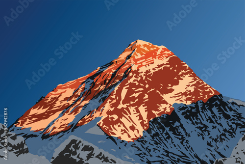 Evening mountain top of mount Everest vector illustration logo, Nepal Himalaya mountains, Mt Everest seen from Gokyo Ri peak