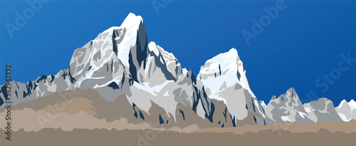 Vector of mounts Cholatse and Tabuche peak as seen from the way to Mount Everest base camp, Nepal Himalayas mountains vectors illustration
