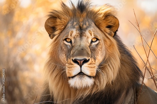 A stunning portrait of a lion  with piercing eyes and a regal mane.  Generative AI  