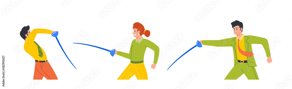 Male and Female Business Characters Fence With Rapiers Isolated on White Background. Fencing Club Competition