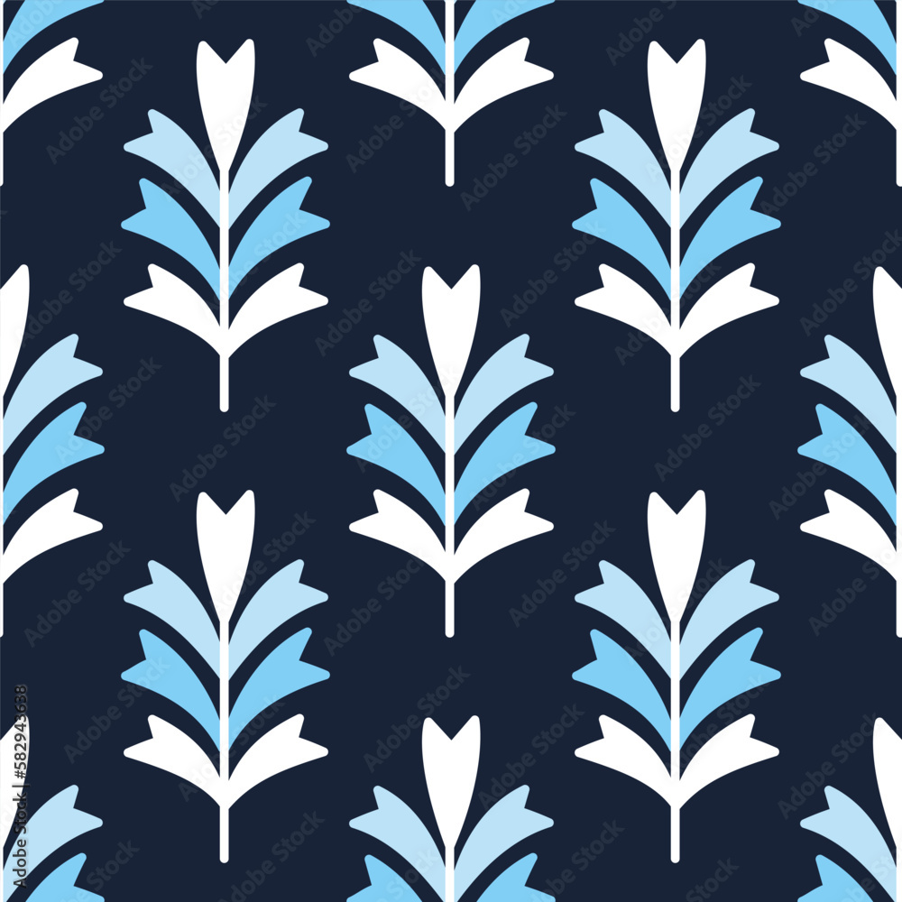 Symmetric seamless motif on a dark background. Vector flat illustration with retro leaves. Vintage floral pattern for design of fabric, paper, and other surfaces Symmetric seamless motif on a dark background. Vector flat illustration with retro leaves. Vintage floral pattern for design of fabric, paper, and other surfaces