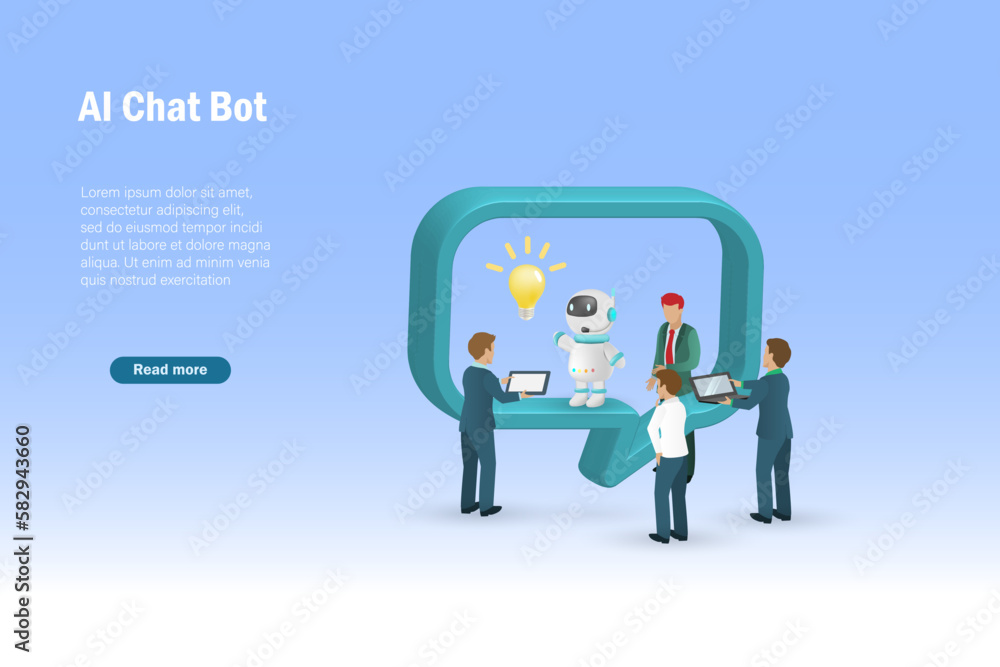 Businessmen chatting with AI chat bot and get smart business solution idea. Artificial Intelligence robot assist users in decision making and problem solving. 3D vector. Businessmen chatting with AI chat bot and get smart business solution idea. Artificial Intelligence robot assist users in decision making and problem solving. 3D vector.