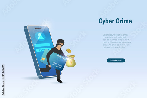 Hacking, phishing scam, cyber crime attack. Hacker online hacking credit card and money from user password on fake web template on smartphone. 