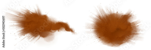 Realistic set of cinnamon powder clouds isolated on white background. Vector illustration of dry brown dust burst in air, fragrant condiment sprinkled, explosion of aromatic flavor. Cooking ingredient