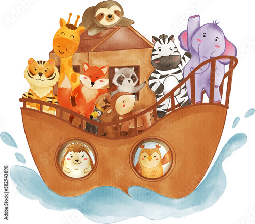 Noah 's ark with many wildlife animals . The flood concept . Realistic watercolor paint with paper textured . photo