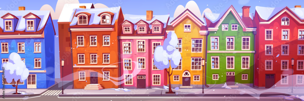 Snow in scandinavian city street with traditional buildings. Vector cartoon illustration of cozy winter town with old houses, white roofs, trees and lanterns on sidewalk. Blizzard and cold weather