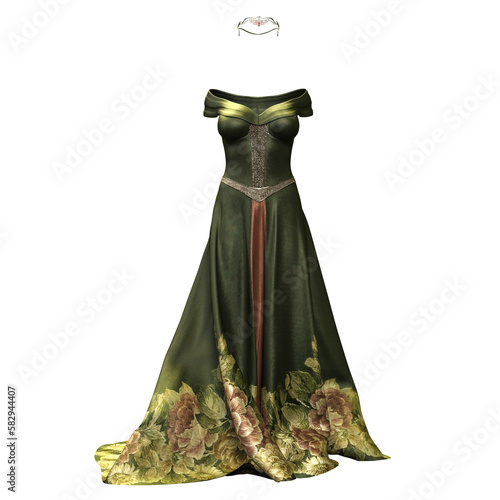 3D Illustration, 3D Rendering, Full length portrait of an isolated medieval fantasy gown with shimmery fabric and a jeweled circlet photo