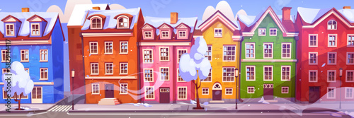 Snow in scandinavian city street with traditional buildings. Vector cartoon illustration of cozy winter town with old houses, white roofs, trees and lanterns on sidewalk. Blizzard and cold weather