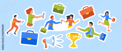 Set of Stickers Business Characters Participate In Relay Race Passing Baton From One To Another In Race Isolated Patches