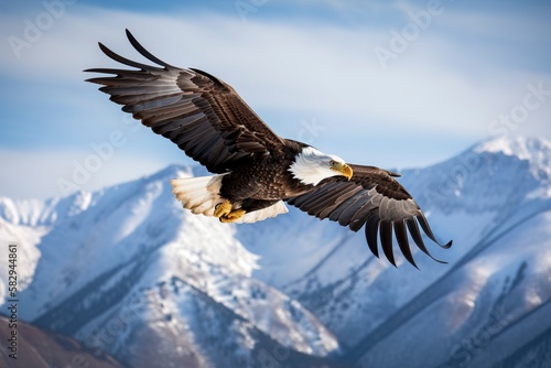 A majestic bald eagle soaring high above the rugged mountain peaks. (Generative AI) 