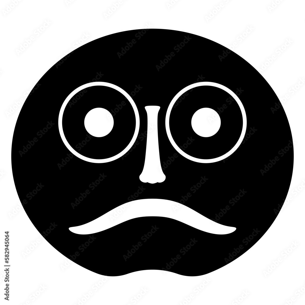 Round funny face with big eyes and mouth. Totem ancestor. Ancient Siberian ethnic mask. Permian animal style. Black and white silhouette.