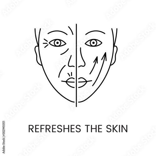 Refreshes the skin of the face line icon in vector, illustration of a young woman who has half of her face with wrinkles and half without wrinkles