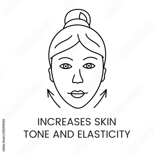 Increases the tone and elasticity of the skin on the face line icon in vector, illustration of a young woman demonstrating toned skin with up arrows