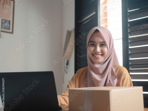 A Malay woman wearing a hijab smiles at the camera, works from home delivering parcels. Generative AI