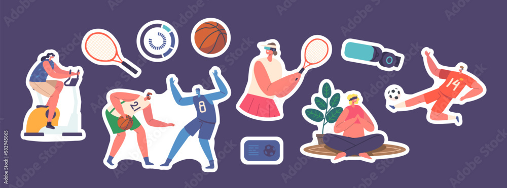 Set of Characters Immersed In Virtual Reality Sports Activities, Exercise Bike, Yoga, Tennis, Soccer and Basketball