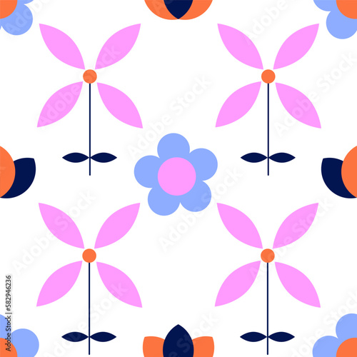 Easter floral vector pattern with colorful geometric flowers. Seamless background for decoration, wrapping paper, spring summer holiday fabric, textile print