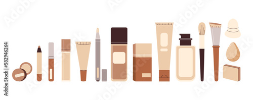 Set of different foundations, correctors, concealers, brushes, sponges and blenders for applying products to the skin. Different packaging of beauty facial products. Flat vector illustration