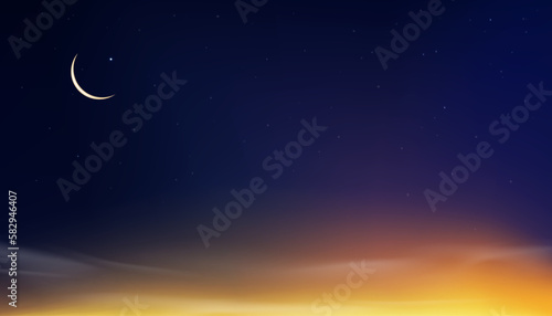 Islamic card,Ramadan Kareem New Moon,Star on Sunset Sky,Vector horizon banner for religions symbolic of Muslim culture for Generous Ramadan,New Moon,Prayer time.Eid Mubarak,Eid al Adha,Eid al Fitr