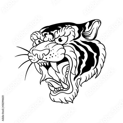 Hand drawn illustration of a roaring tiger outline design